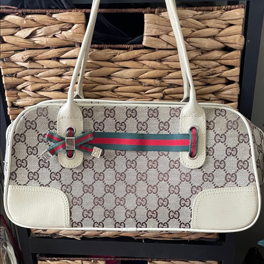 Gucci Beige and Brown Shoulder Bag with Red and Green Accents